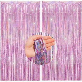 Tinsel Foil Fringe Curtains Backdrop 2 Pack 3.2x8.2 ft - Sparkle Metallic Party Decor for Birthday, Christmas, Photo Booth Glitter Drapes, No Tools Needed Pink Purple