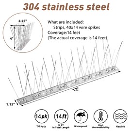 Boenoea Bird Spikes, Bird Repellent Devices Outdoor of Stainless Steel for Fence Windowsill Roof, Bird Deterrent Spikes for Small Bird and Squirrels (14FT)