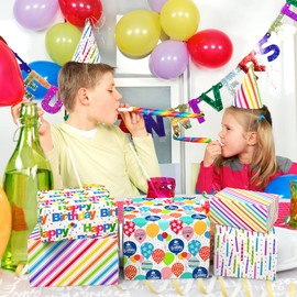 Birthday Wrapping Paper Sheet - 12 Sheets Folded Flat Gift Wrap with “Happy Birthday” Candles, Balloons, Colorful Stripes for Party, Baby Shower - 20 X 28 Inch Per Sheet