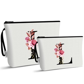 Vavabox 2 Pcs Initial Makeup Bag Set,Birthday Gifts for Women,Ideal for Wedding,Travel (L, White)