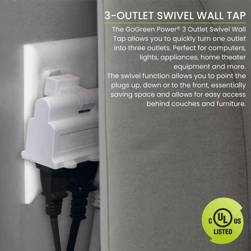 GoGreen Power (GG-03420T) 3 Outlet Swivel Wall Tap, Electrical Wall