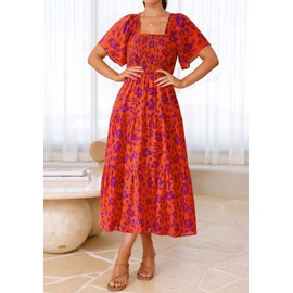 BTFBM Summer Floral Dress for Women 2025 Spring Boho Short Sleeve Square Neck Smocked Flowy Maxi Beach Vacation Dresses(Floral Orange Purple, Large)