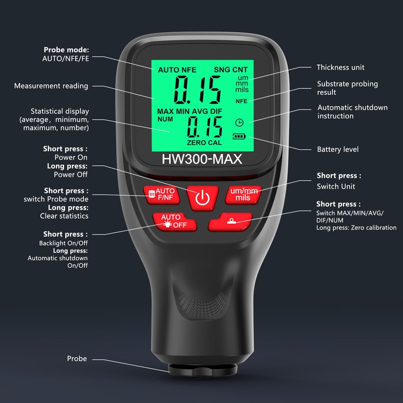 Thickness Industrial, 0-2000UM Paint Thickness, LCD Coating Thickness Meter, 3