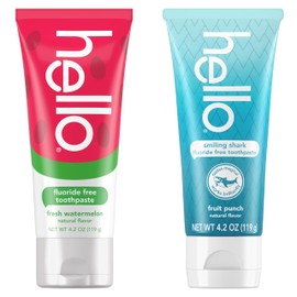 hello Smiling Shark and Fresh Watermelon Fluoride Free Kids Toothpaste Pack, Includes 4.2 oz Smiling Shark Kids Fluoride Free Toothpaste and 4.2 oz Fluoride Free Fresh Watermelon Toothpaste