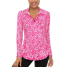 LURANEE Womens UPF 50+ Long Sleeve 1/4 Zip Pullover Athletic Hiking Running Workout Tops White Leaf Pink 3XL