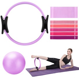 TOPZGLEEY Pilates Ring Set – 14" Anti-Deformation Magic Circle with Padded Handles, Mini Ball, 5 Resistance Bands, Guide, Pilates Equipment for Home Workout (Purple)