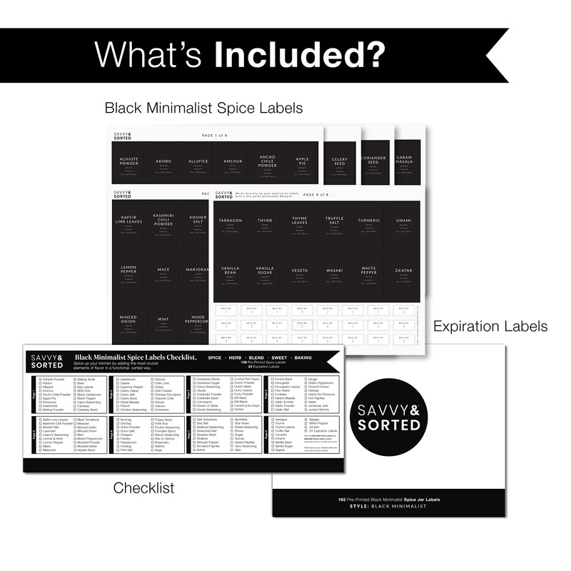 Black Spice Labels for Glass Jars, 148 Spice Jar Labels