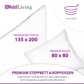 AddLiving Seerzucker 2-in-1 Bed Set White | Quilt 135 x 200 cm & Pillow 80 x 80 cm Set | Bedding & Bed Linen | Washable Duvet & Sleeping Pillow | Breathable & Easy Care | Oeko-Tex 100