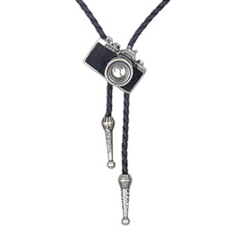 LIANCHI Western Camera Black Bolo Tie for Men and Women,Native American Leather Bolo Tie String (Silver)
