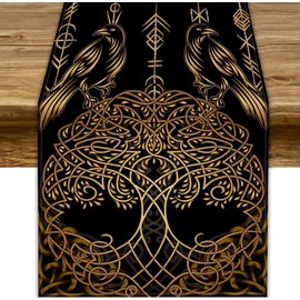 JanJCurt Camino de mesa con diseño de árbol de la vida, diseño de pájaros vikingos dorados para cocina, mesa de comedor, boda, fiesta, decoración de 13 x 70 pulgadas