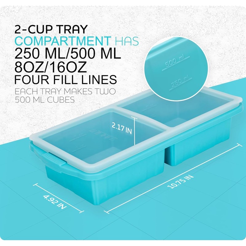XOMOO Silicone Freezer Tray With Lid-Soup Freezer Container molds-2-cup Extra