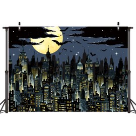 Super City Backdrop for Photography 7x5FT Yellow Full Moon Skyline Cityscape Superhero Background City Theme Boys Birthday Party Banner Decorations Photo Props