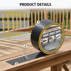 ConyLite Joist Tape for Decking 2'' X 50', 6 Rolls Weather-Resistance Butyl Tape, Waterproof and Anti-Corrosion, Self-Adhesive Flashing Deck Joists Tape for Wood Decks Beams Roof