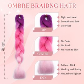 SEGO Pro Braiding Hair Extensions 24 Inch Synthetic Hair Box Jumbo Braid Hair for Crochet Twist Braids Hair Extensions for Women Braids Attachment Pack of 1 (Purple to Peach Pink to Pink)
