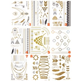 (Random Send) Waterproof Metallic Temporary Tattoos, Flash Fake Tattoo Stickers For Outdoor Body Arm Decoration Gold and Silver Color (4 Sheets)