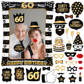 Newthinking 60th Birthday Photo Booth Props, Girls Inflatable Selfie Birthday Party Frame Props, Black Gold