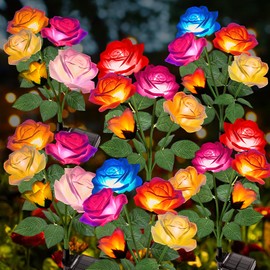 Garpar Solar Garden Lights 6 Pack - 2024 Upgraded Brighter Solar Outdoor Lights with 30 Beautiful & Realistic Rose Flowers - 7 Color Changing Waterproof Solar Flower Lights for Yard Garden Decor