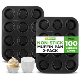 NutriChef Non-Stick 2-Piece 12 Cup Muffin Pans with 100 Parchment Cupcake Liners, Carbon Steel, Professional Grade Muffin Pans for Baking, Durable & Dishwasher Safe 13.7"x10.4"x1.1" Inch (Black)