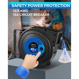 WILAWELS Retractable Extension Cord Reel, 45 FT Heavy Duty Power Cord, 12AWG/3C SJTOW, 3 Grounded Outlets Lighted Triple Tap, 15 Amp Circuit Breaker, UL Listed, Blue U45CR06