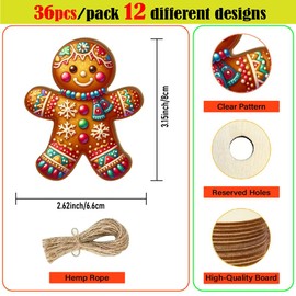 36pcs Christmas Wooden Ornaments, 12 Gingerbread Designs for Christmas Tree Hanging Decorations