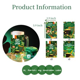 16Pcs St. Patrick's Day Wine Bottle Decors, Set of 12 Decorative Stickers and 4 Sets Bottle Decors, Mini Green Hat and Mini Green Bow Tie for Celebration, Special Wine Label for Party Decoration