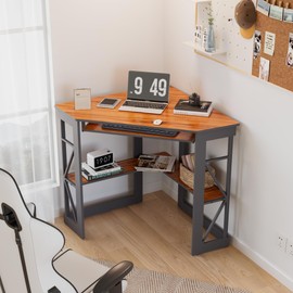 VECELO Corner Desk Computer Desk Writing Table with Smooth Keyboard Tray & Storage Shelves for Small Spaces,Compact Home Office Triangle Table,Teak Brown