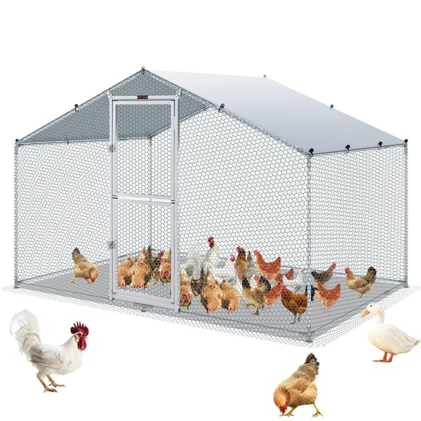 VEVOR 6.5x9.8x6.6ft Large Metal Chicken Coop with Run, Walkin Poultry Cage for Yard with Waterproof Cover 6.5x9.8x6, Spire Roof for Hen House, Duck and Rabbit, 6.5x9.8x6.4ft, Silver