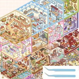 Mocrop 20 Sets 3D Sticker Scene Children's DIY House Stickers, Restaurants, Supermarkets, Library, Parties 3D Sticker Set, with 2 Tweezers, Creative Crafts, Gifts for Children