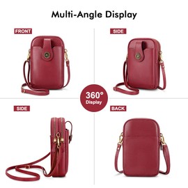 Peacocktion Crossbody Cell Phone Bag for Women, Small Leather Shoulder Handbag Purse with Credit Card Slots, Wine Red