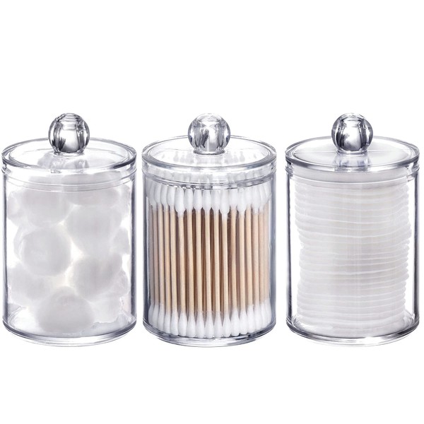 Tbestmax 3 Pack Small Cotton Swab Ball Pad Holder, 10 Oz Qtip Apothecary Jar Clear Makeup Organizer, Bathroom Containers Dispenser