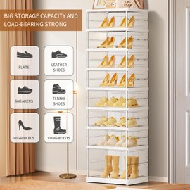 EHAMILY 8 Tiers 8-16 Pairs Foldable Shoe Boxes Small Plastic Shoe Storage Rack Collapsible Shoe Organizer for Closet Shoe Shelf Clear Stackable Quick Assembly Storage Cabinet with Doors White