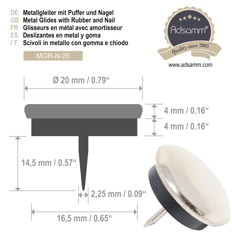 Adsamm® 32 x Metal Glides with Buffer and Nail /