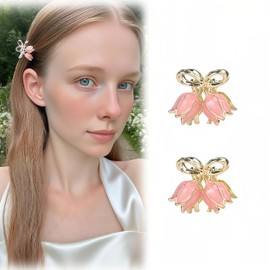 2PCS Pink Lily Flower Claw Clips for Girls Women 1-Inch Cute Gold Metal Hair Clips Small Floral Wedding Hair Accessories for Half Updos & Bangs