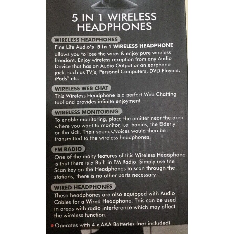 WIRELESS HEADPHONE TV 5 IN 1 FINE LIFE AUDIO FM