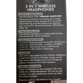 WIRELESS HEADPHONE TV 5 IN 1 FINE LIFE AUDIO FM RADIO WIRED