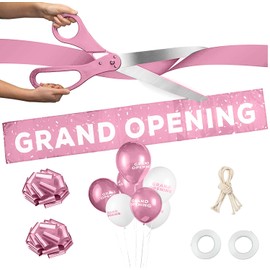 Upper Midland Products Deluxe Grand Opening Ribbon Cutting Ceremony Kit - 25" Giant Scissors, Pink Satin Ribbon, Banner, Bows, Balloons & More