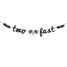 Two Fast Banner, 2nd Birthday Decorations, Race Car Theme Party Supplies, Child's 2nd Birthday Party Decorations Black Glitter