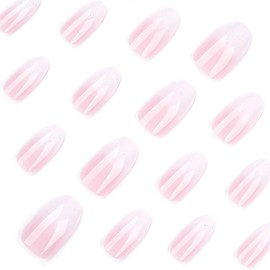 RikView White & Pink Press on Nails Medium Fake Nails Coffin Nails with Glitter Design Glossy Full Cover Nails for Women 24 PCs/Set