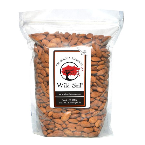 Wild Soil Almonds - Distinct and Superior to Organic, Herbicide Free, Steam Pasteurized, Probiotic, Raw 3LB Bag, Emergency Food, Survival Food