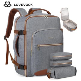 LOVEVOOK Fall Travel Backpack for Women & Men as Personal Item Flight Approved, Large Capacity Carry on Backpack for Airplanes with 3 Packing Cubes and Laptop Compartment, Waterproof WeekenderBag for Hiking, Overnight:_Grey-brown_40L