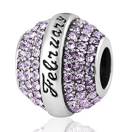 Love Birthday 12 Colors Jan-Dec Charms 925 Sterling Silver Birthstone Crystal Bead for 3mm Snake Chain Bracelet (Light Purple February)