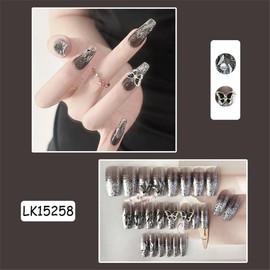 Nail Tip, False Nail, Nail Press, Stylish, Black, Long Short, Easy Off Nail, Beads, Mine System, Korea, Mass Production Type, Cosplay Nail, Nail Art, Cute, Women's, Spring, Summer Nails, 24 Pieces,