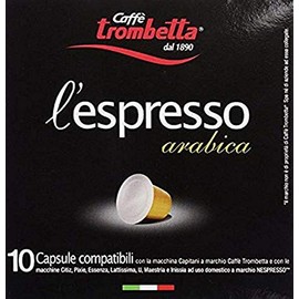 Trombetta l'espresso Arabica, (Pack of 8), blend of selected coffees of Arabic origin. Sweet and refined aroma, round and persistent taste with floral hints. L'Espresso capsules guarantee the absolute freshness of the coffee because they are individually packaged in a protective atmosphere
