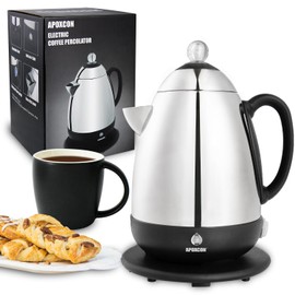 APOXCON Electric Coffee Percolator Stainless Steel Coffee Maker with Clear Brew Progress Knob and No-Drip Spout Auto Keep Warm & Cordless Serving Coffee pot with On/OFF Switch Fast Brew (10 Cup)
