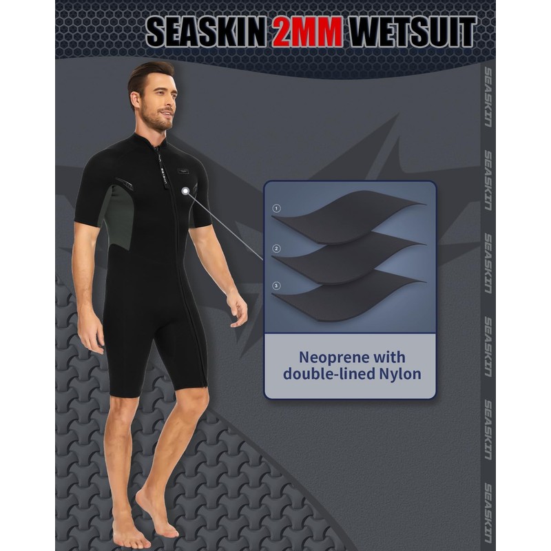 Seaskin Shorty Wetsuits for Mens 2mm Front Zip Diving Suits