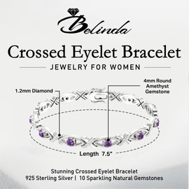 Belinda Jewels - Crossed Eyelet Sterling Silver Bracelet, Women's Bracelets with 10 Naturally Created Amethyst Gemstones, 7-Inch Bracelets for Women, Rhodium-Plated 925 Sterling Silver Bracelet