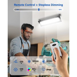 120W LED Shop Lights with Remote Control, 18000LM 6000K Aluminum Garage Light, LED Work Lights, Plug & Play Lighting for Warehouse, Basement, Workshop, 5FT Power Cord and US Three-Prong Plug, 4 PCS