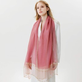 LumiSyne Spring Women's Silk Chiffon Scarf, Elegant Plain Color Scarf with Silk and Tulle Design, Bead Embellishments, Large Thin UV Protection Shawl for Beach, Travel, and Commuting, Pink