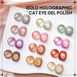 SUPWEE Cat Eye Gel Nail Polish Set,12 Colors Gold Glitter Holographic CatEye Gel Polish with Magnetic Stick,Sliver Brown Pink Red Cat Eye Gel Soak Off UV DIY Home Salon Manicure