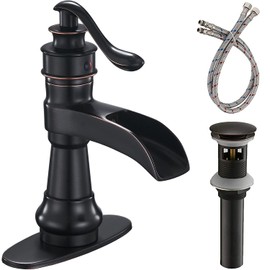 BATHFINESSE Oil Rubbed Bronze Deck Mounted Single-Handle Lavatory Faucet with Pop Up Drain Stopper and Overflow, Ideal for Sink and Bathroom